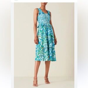 Figue Designer silk and cotton blend blue floral tiered midi dress, spring dress